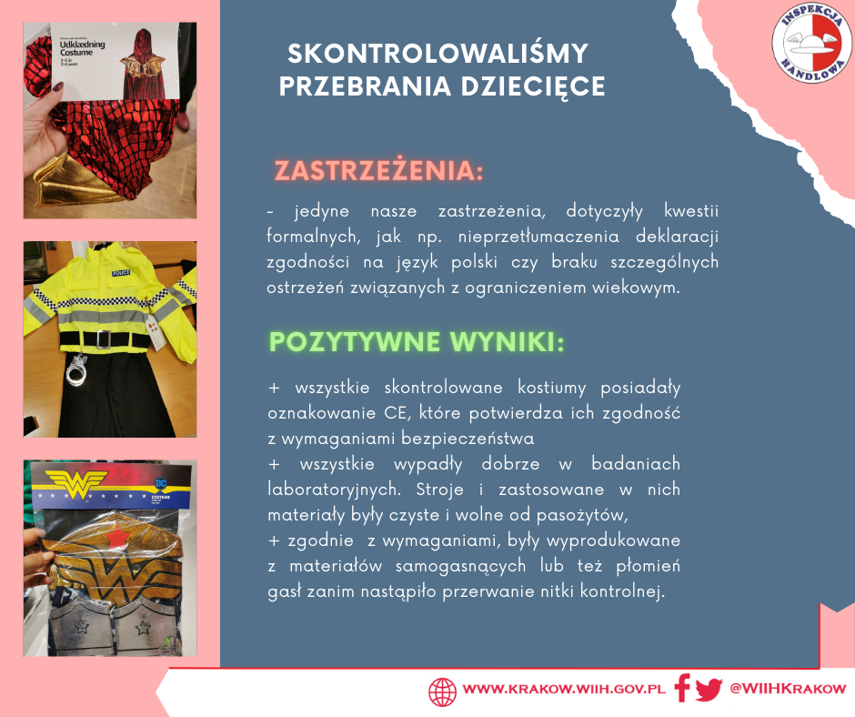 Grafika przedstawia po lewej stronie miniaturki zdjęć skontrolowanych przebrań dla dzieci: czerwonej błyszczącej peleryny, stroju policjanta (żółta kamizelka, kajdanki, czarne spodnie), oraz elementów stroju wonder woman (korony, pasa, bransoletek). Ponadto na zdjęciu w prawym górnym rogu zamieszczono logo Inspekcji Handlowej. W środkowej części grafiki znajduje się tytuł „Skontrolowaliśmy przebrania dziecięce” poniżej podtytuł „zastrzeżenia” oraz tekst „ jedyne nasze zastrzeżenia, dotyczyły kwestii formalnych, jak np. nieprzetłumaczenia deklaracji zgodności na język polski czy braku szczególnych ostrzeżeń związanych z ograniczeniem wiekowym.” niżej widnieje kolejny podtytuł „pozytywne wyniki” oraz kolejny tekst „+ wszystkie skontrolowane kostiumy posiadały oznakowanie CE, które potwierdza ich zgodność  z wymaganiami bezpieczeństwa + wszystkie wypadły dobrze w badaniach laboratoryjnych. Stroje i zastosowane w nich materiały były czyste i wolne od pasożytów, + zgodnie  z wymaganiami, były wyprodukowane z materiałów samogasnących lub też płomień gasł zanim nastąpiło przerwanie nitki kontrolnej.” W prawym dolnym rogu znajduje się adres internetowy urzędu: „ www.krakow.wiih.gov.pl” oraz odnośnik do Facebooka i Twittera urzędu: @WIIHKRAKOW.